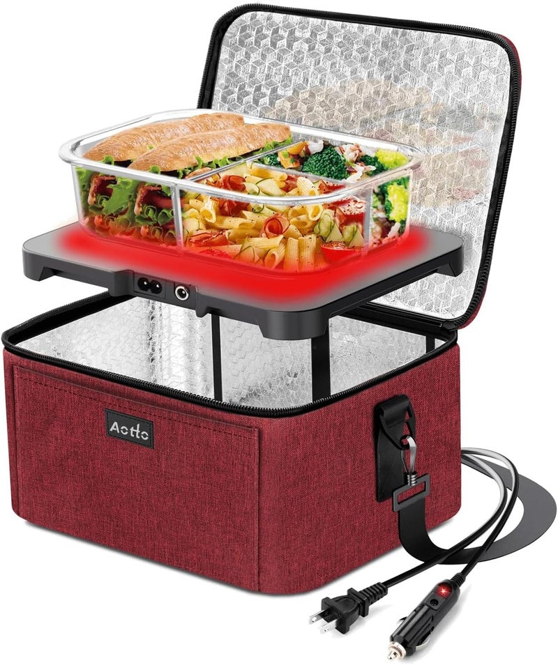 Aotto Portable Oven, Electric Lunch Box Food Heater - 12V/24V/110V 3-in-1 Car Food Warmer - Heated Lunch Box for Adults - Cook, Reheat & Keep Meals Warm for Car, Truck, Travel, Work, Home - Red - Image 1